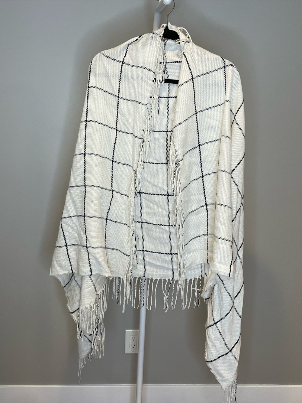 Ivory Windowpane Fringe Shawl Scarf Wrap